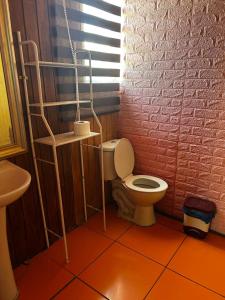 baño con aseo y pared de color rosa en Cabaña Azul, en Vallenar