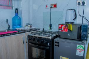 a kitchen with a stove top oven and a microwave at Delsy Stays in Ruaka