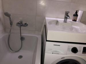 un bagno con lavandino e lavatrice di Panoramic Sierksdorf Meer Loft a Hansaland Altre 19 foto