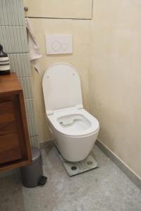 ein Badezimmer mit einer weißen Toilette in einer Kabine in der Unterkunft Elegant two-room apartment with garden, 10 min from La Défense in Suresnes