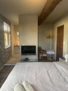 a bedroom with a bed and a flat screen tv at Bed and Breakfast 1691 in Valkenburg