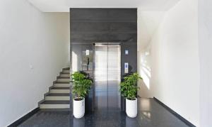 een hal met twee potplanten en een trap bij Treebo Global Orchid in Mysore +21 foto's
