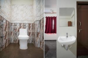 Hotel O Jodi Sri Muneshwara Swamy Temple في Jālahalli: صورتين لحمام به مرحاض ومغسلة