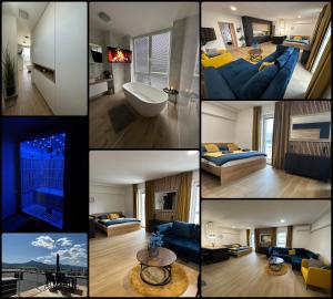 a collage of photos of a living room and a room at Penthouse EQUINOX 33 in Liptovský Mikuláš