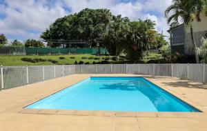 a large blue swimming pool in a yard at La Grippiere in Petit-Bourg