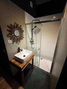 a bathroom with a sink and a shower at Sān home’s in Antwerp