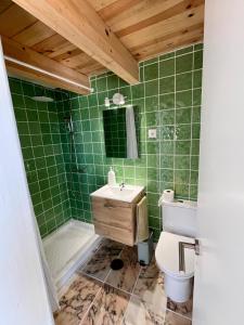 ein grünes Badezimmer mit Waschbecken und Toilette in der Unterkunft Mar Dentro in Âncora + 22 Fotos