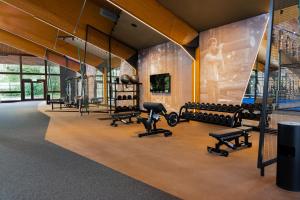 a gym with treadmills and dumbbells on a wall at Hotel Vier Jahreszeiten am Schluchsee in Schluchsee
