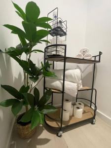 un porte-serviettes noir avec des serviettes et une plante dans l'établissement Morden Spacious Apartment, à Entroncamento