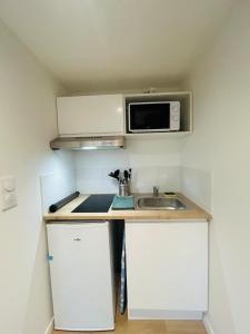 eine kleine Küche mit Spüle und Mikrowelle in der Unterkunft Casa Tropical in Les Ponts-de-Cé + 21 Fotos