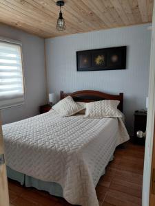 a bedroom with a bed with a white comforter at Cabaña Aeropuerto el Tepual in Puerto Montt +10 photos