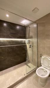 a bathroom with a glass shower and a toilet at Lovely Rivera Room with Breakfast in Cairo +18 photos