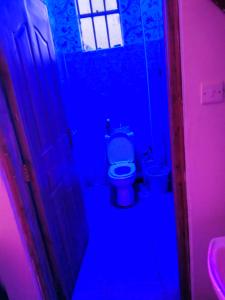 een blauwe badkamer met een toilet en een raam bij Goshen heights in Kitengela 