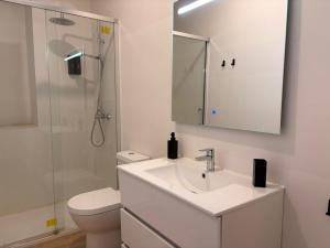 a bathroom with a sink and a toilet and a mirror at Life Apartments Arcos 27 in Jerez de la Frontera +50 photos
