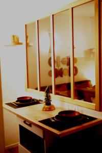 een keuken met twee kookpitten op een aanrecht met een spiegel bij Stosy Gare in Caen +12 foto's