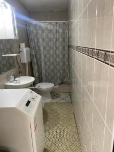 Un baño pequeño con inodoro y lavabo. en Apartman sa garažom, en Sutomore