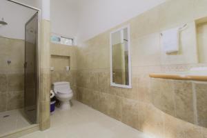 a bathroom with a toilet and a sink and a shower at Departamentos Blue Bacalar in Bacalar