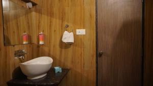 a bathroom with a toilet and a sink on a wooden wall at Silver Green Resort in Gumgaon +5 photos