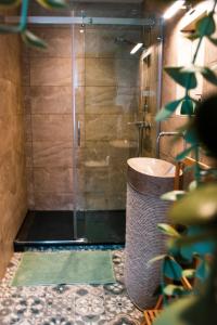 een douche met een glazen deur in een badkamer bij Au Vent des Blés in Incourt