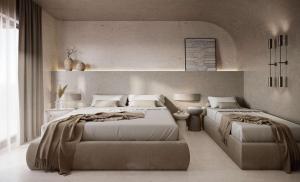 ein Schlafzimmer mit zwei Betten und einem großen Fenster in der Unterkunft Aethra in Nydri + 30 Fotos