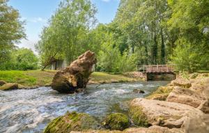 een rots midden in een rivier met een brug bij Ancien Moulin Restauré in Clerques +24 foto's