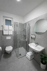 a bathroom with a shower and a sink and a toilet at Heumöderntal in Treuchtlingen