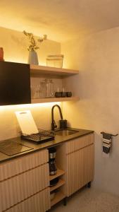 een keuken met een wastafel en een laptop op een aanrecht bij La Colmena in Mexico-Stad