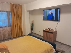 una camera da letto con un letto e una TV a parete di Apartament NECTARIA a Băile Herculane