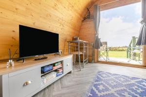 a living room with a flat screen tv on a wooden wall at 1 Bed in Four Lanes oc-b32769 in Carnbrea