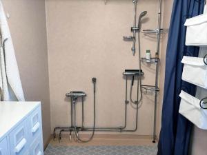 a shower stall in a bathroom with a blue curtain at KAL558-Virserum-Holm-6 in Holm +18 photos