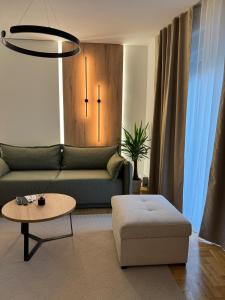 Una sala de estar con un sofá y una mesa de café. en Apartman La Campanella 2, en Vrnjačka Banja