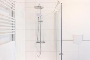 eine Dusche mit Glastür im Badezimmer in der Unterkunft Weisser Ochsen - smart living by corents in Schwäbisch Gmünd