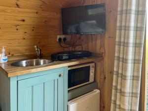 a kitchen with a sink and a microwave and a tv at Meadow - Uk48483 in Dalton in Furness