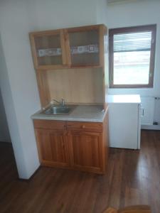 eine kleine Küche mit Spüle und Fenster in der Unterkunft Relax Thermal Villapark Csokonyavisonta fürdőbelépővel in Csokonyavisonta