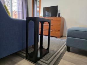 a living room with a blue couch and a tv at STUDIO SAINT-ROCH in Quebec City