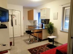 a small kitchen with a counter and a table at Appartment Graz Zentrum in Graz
