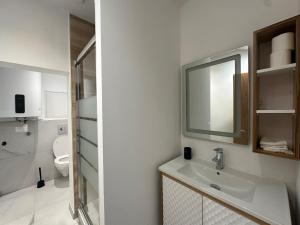 een badkamer met een wastafel en een spiegel en een toilet bij Le Graoully 1 in Metz