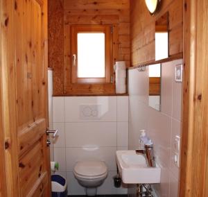 a bathroom with a toilet and a sink at NabeDi-Blockhaus in Simmerath