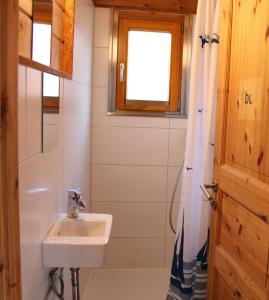 a bathroom with a sink and a shower at NabeDi-Blockhaus in Simmerath +7 photos