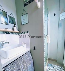 een badkamer met een wastafel en een douche bij Belle Maison centre Villerville - 8 personnes - Terrasse in Villerville