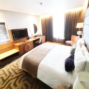 Una habitación de hotel con una cama grande y un televisor. en Hotel Mboloani, en Lomé