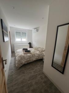 een slaapkamer met een bed en een grote spiegel bij L'orangerie in Seignosse
