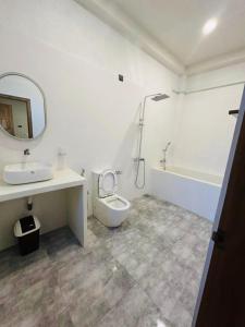 a bathroom with a sink and a toilet and a mirror at Tiny house in Ahangama