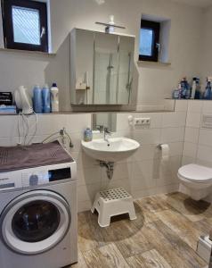 een badkamer met een wasmachine en een wastafel bij Ferienhaus Rhönblick in Bischofsheim an der Rhön