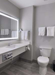 um banheiro com vaso sanitário, pia e espelho em Merica Inn & Suites em Wills Point