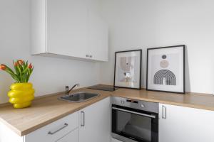 eine Küche mit Spüle und Mikrowelle in der Unterkunft ANTA Salt Mine City in Wieliczka