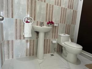 une salle de bains avec lavabo et toilettes dans l'établissement Apartamentos-Oliver, à Las Galeras 11 autres photos