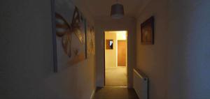 einen Flur mit einem Flur, der in ein Zimmer mit Gemälden führt in der Unterkunft River View in Garbat