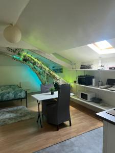 Zimmer mit einem Tisch mit Stühlen und einer Küche in der Unterkunft O'Jade 2 Lits Proche Gare Orléans et Fleury in Orléans