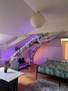 Zimmer mit lila Wänden, einem Bett und einem Tisch in der Unterkunft O'Jade 2 Lits Proche Gare Orléans et Fleury in Orléans